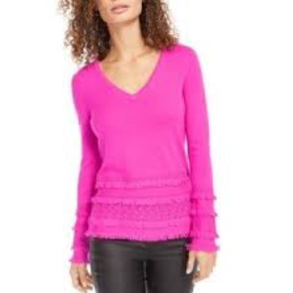 Trina Turk 100% Merino Wool Hot Pink Fringe Pointelle Trim Sweater • Size XL ⬇️